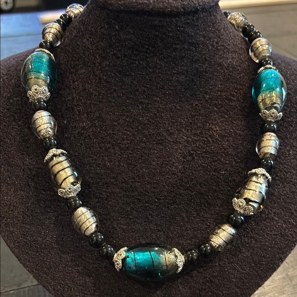 Dichroic Glass Chunky Elegant Silver and Teal Beaded Necklace​